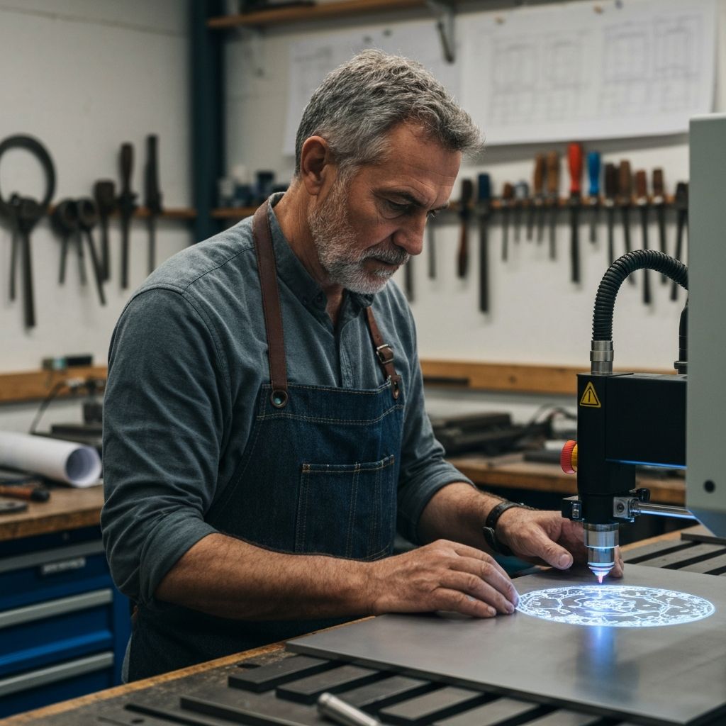 Veteran craftsman working with laser engraving machine